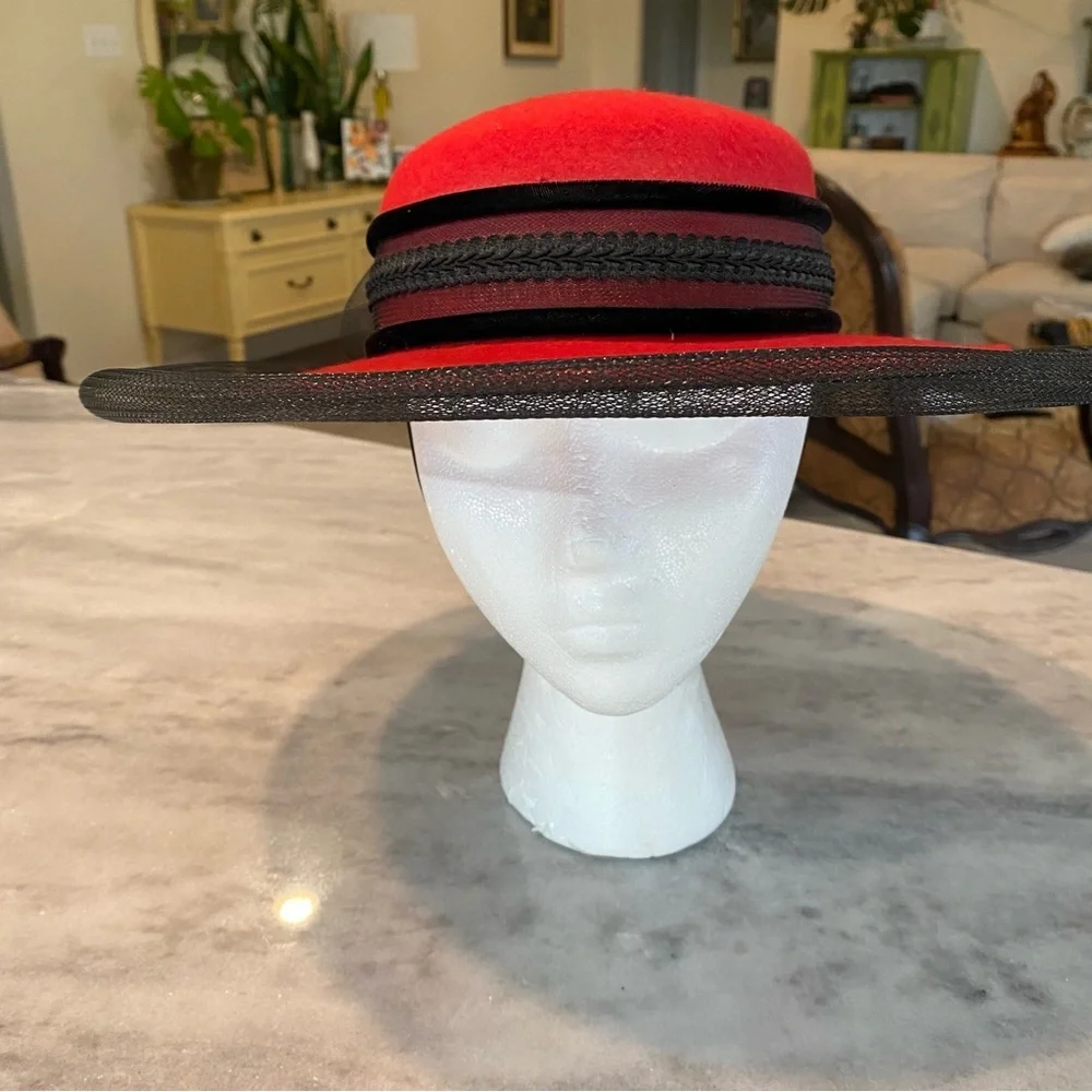 Milan by Charm Floral Mesh Hat Woolen Retro Dress Hat Red Black Mesh Hat